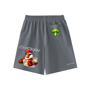chicken shorts,graphic shorts,streetwear shorts,hustle shorts,summer streetwear,urban fashion,luxury streetwear,trendy shorts,elevated edition