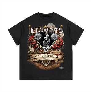 Thorns And Blood Tee,Gothic Graphic Tee,Skeleton Love Shirt,Dark Romance Shirt,Vintage Washed T Shirt,Rose Graphic Tee,Luxury Streetwear,Unisex Graphic Tee,Limited Edition Tee,Duilx Clothing