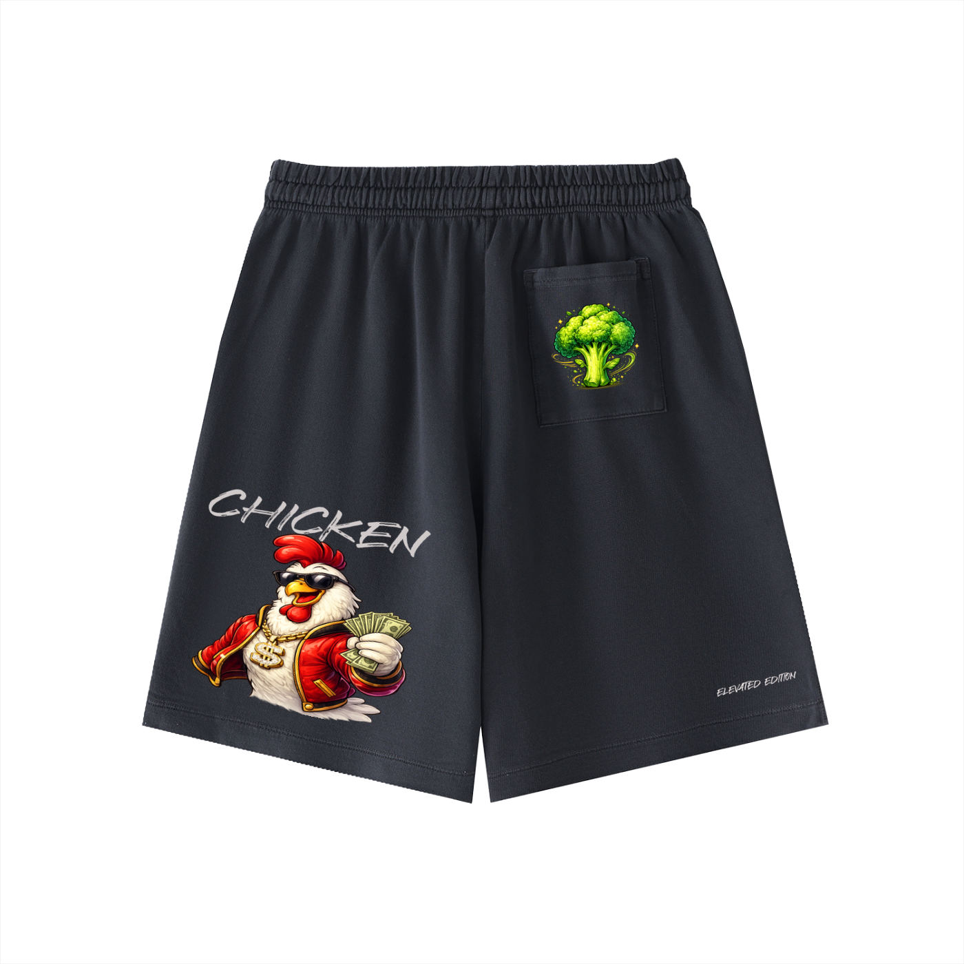 chicken shorts,graphic shorts,streetwear shorts,hustle shorts,summer streetwear,urban fashion,luxury streetwear,trendy shorts,elevated edition